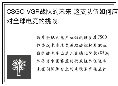 CSGO VGR战队的未来 这支队伍如何应对全球电竞的挑战